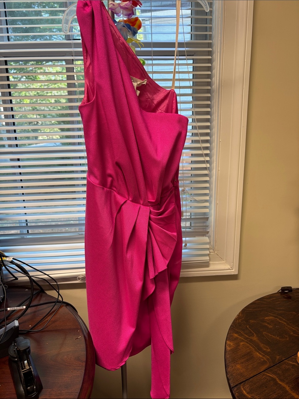 BCBG Hot Pink One-Shoulder Draped Cocktail Dress
